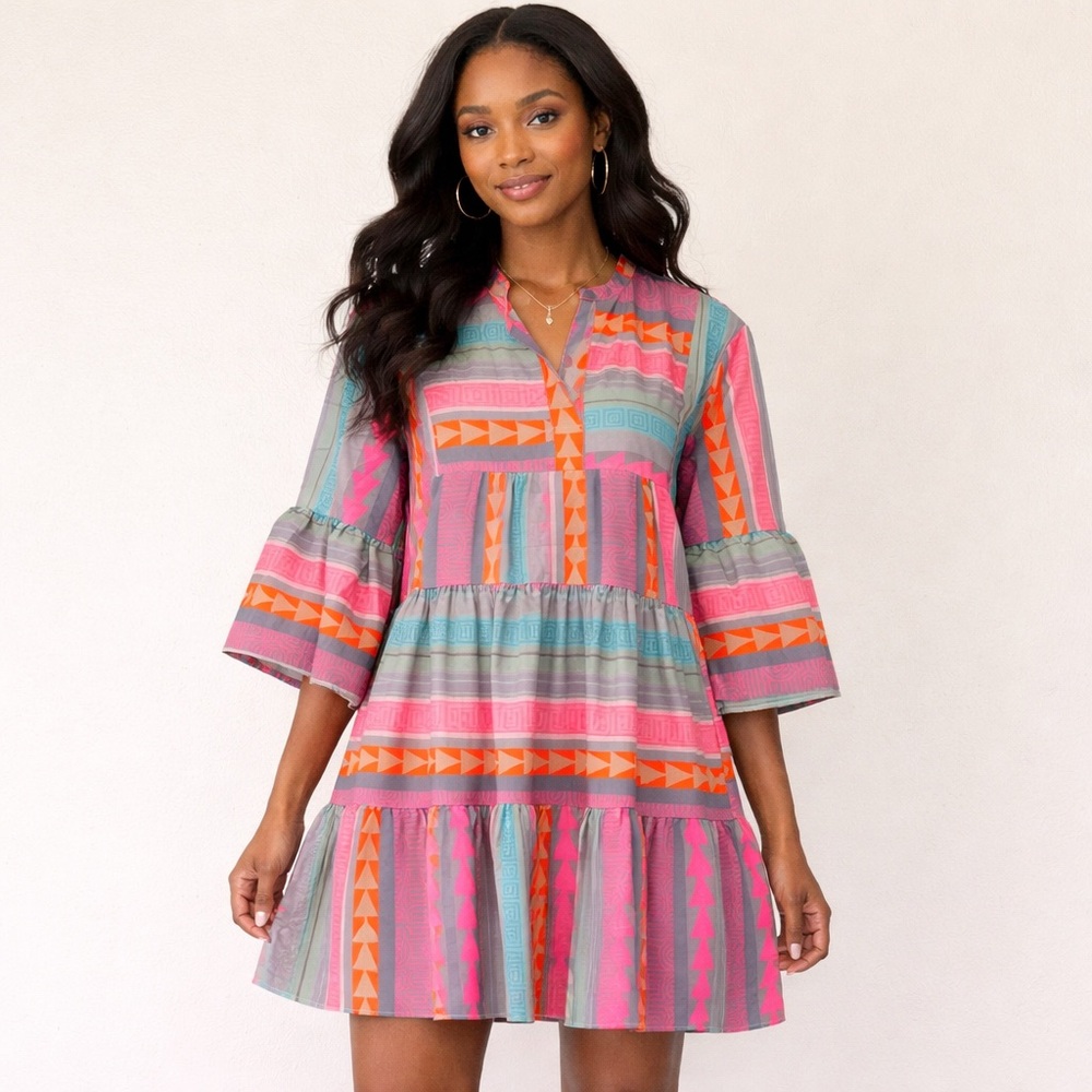 Mini Dress Tiered Small Easter Spring Boho Festival Bell Sleeve NWOT